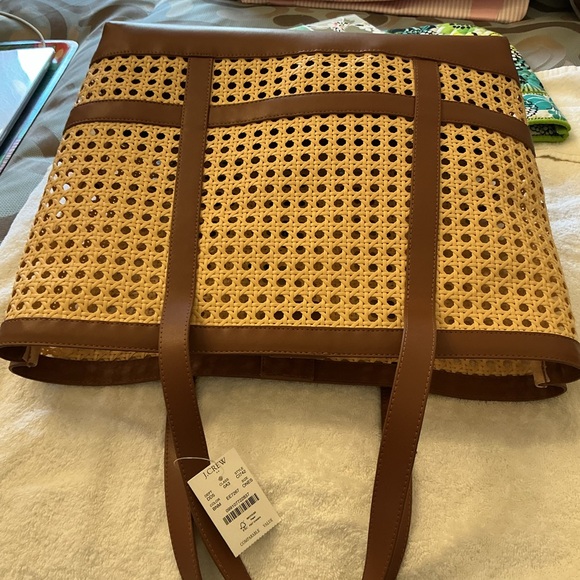 J. Crew Natural Faux Straw Tote with Brown Poly Trim - Picture 2 of 6